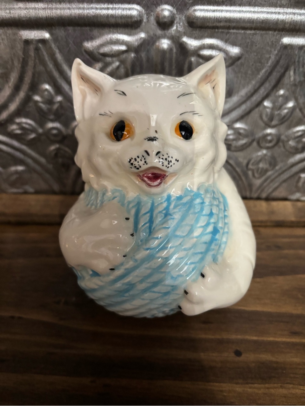 Vintage White Ceramic Cat Figurine with Blue Yarn wall pocket. 1950